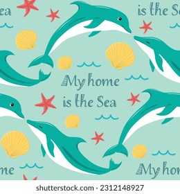 Cute summer pattern with dolphins. Baby sea illustration for fabric textile, wallpaper, wrapping, cover. 