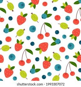 Patrón de verano con bayas de jardín - fresas, cerezas, arándanos y arándanos sobre fondo blanco. Bayas maduras de vectores dibujadas a mano en estilo de dibujos animados. Imprimir para textil
