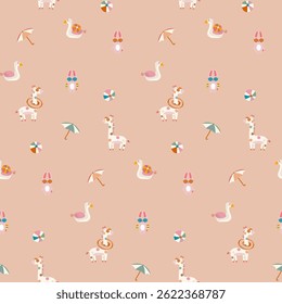 Cute summer pattern with giraffes, bunnies, swans, beach balls, and umbrellas on warm beige background. Perfect for kids products and textiles