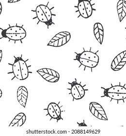 Cute summer pattern with hand drawn ladybugs and leaves. Creative black and white surface design for textile, backgrounds, prints, packages and kids designs