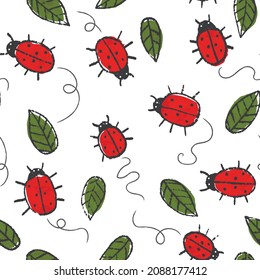 Cute summer pattern with hand drawn ladybugs and leaves. Creative surface design for textile, backgrounds, prints, packages and kids designs