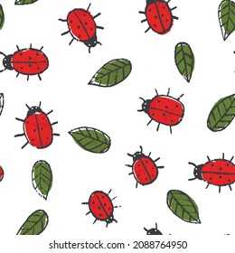 Cute summer pattern with hand drawn ladybugs and leaves. Creative surface design for textile, backgrounds, prints, packages and kids designs