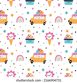 Patrón de verano con helados, arcoíris, flores para los niños. Patrón sin foco con comida linda. Papel digital con helado delicioso de dibujos animados. Fondo infantil para textiles y prendas de vestir