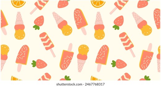 Cute summer pattern with ice cream, strawberry and orange. Handdrawn vector illustration.