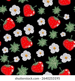 Cute summer pattern, red delicious berries with flowers on a black on beige background. The design can be used for printing on clothes, textiles, packaging, postcards or banners.