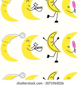 Cute summer pattern. Seamless vector design with smiling moon on roller skates and ice-cream. Pattern for kids. Hand drawn.