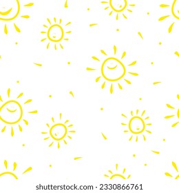 cute summer pattern with suns, rays and droplets of light on an isolated background