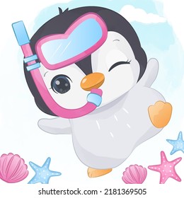 Cute Summer penguin Illustration in watercolor