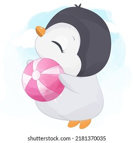 Cute Summer penguin Illustration in watercolor