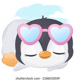 Cute Summer penguin Illustration in watercolor