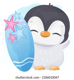 Cute Summer penguin Illustration in watercolor