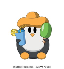 Cute summer Penguin wit ice cream and cocktail in color