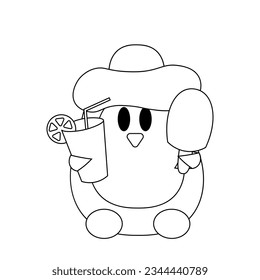 Cute summer Penguin wit ice cream and cocktail in black and white