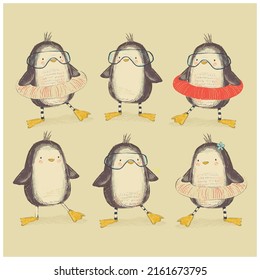 Cute summer Penguins set, collection. Hand drawn vector illustration.