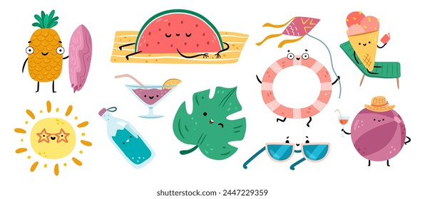 Cute summer personages. Vector pineapple with surfboard and watermelon on beach, lifebuoy with kite and ice cream cone, ball in hat with cocktail and glasses, tropical leaf and water bottle