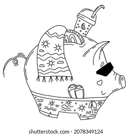 Cute summer pig piggy bank. Vector illustration in hand doodle style. Pig piggy bank with coin in sun glasses in beachwear with towel and cocktail. outline, linear sketch of character for design