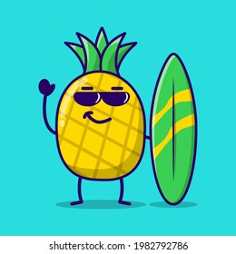 cute summer pineaple cartoon character vector design, holding surfboard