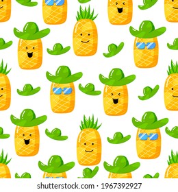 süße Ananas-Karikaturenfigur im Sommer mit flach handgezeichnet nahtlosem Muster
