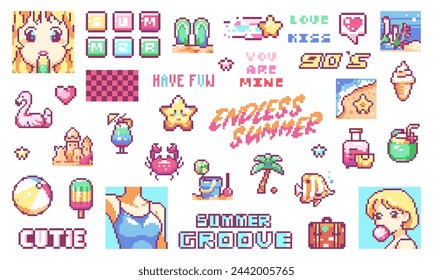 Cute Summer Pixel Art Stickers For Y2k Decorations and Game Events. Beauty Girls, Seaside and Sand Toys, Tropical Palms, Fish and Crab, Summer Groove and Vibes Prints in 8bit Cartoon Style.