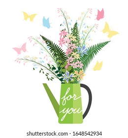 cute summer postcard in a rustic style. a bouquet of wild flowers put in a garden watering can, butterflies fly. the flat pattern. vector illustration. EPS 10.