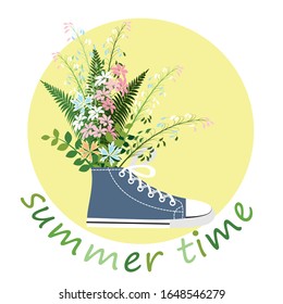 cute summer postcard in a rustic style. sneakers and a bouquet of wild flowers, 
the inscription time of summer. the flat pattern. vector illustration. EPS 10.