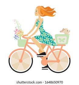 cute summer postcard - a young beautiful girl rides a bike and takes a puppy for a walk. the flat pattern. vector illustration. EPS 10