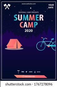 Cute summer poster - camping landscape with tent vector image. EPS 10