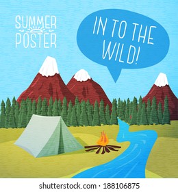 Cute summer poster - camping landscape with tent and bonfire, with speech bubble for your text. Vector.