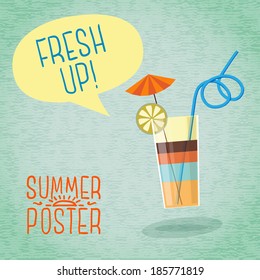 Cute summer poster - summer cocktail with umbrella, lemon and tube, with speech bubble for your text. Vector.