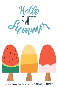 Cute summer poster with colourful ice cream. Vector illustration.