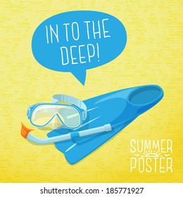 Cute summer poster - diving mask, flippers and diving pipe on the beach, with speech bubble for your text. Vector.