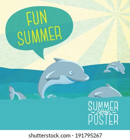 Cute summer poster - Dolphins jumping in the ocean, with speech bubble Fun Summer for your text, Vector.