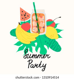 Cute summer poster. Fruits, cocktail, palm tropical leaves. Beach party vector elements.