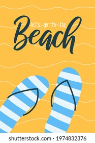 Cute summer poster or greeting card. Slippers on the sand. Vector illustration.