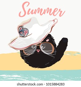 Cute summer poster illustration with pretty cat in hat