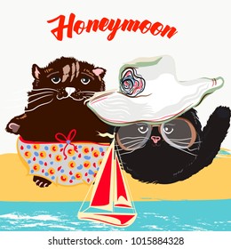 Cute summer poster illustration with pretty cat couple on vacations. Honeymoon