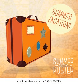 Cute summer poster - summer journey suitcase with labels, with speech bubble for your text. Vector.