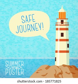 Cute summer poster - sea beacon on the rock, with speech bubble for your text. Vector.