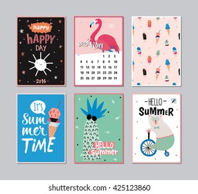 Cute Summer Poster Set with Calendar. July. Trendy Holidays Elements. 