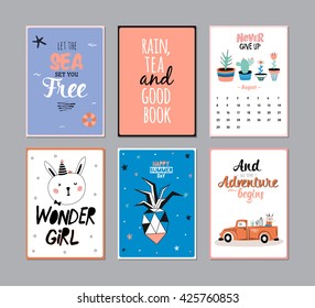 Cute Summer Poster Set with Calendar. June. Trendy Holidays Elements and Typographic. Vector. Isolated. Good for Scandinavian Greeting Cards, Gift Tags, Placards, Stickers and Labels Templates.