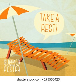 Cute summer poster - summer sun bathe on the chaise longue with umbrella on the shore, with speech bubble for your text. Vector.