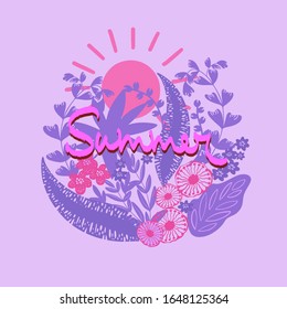 
Cute summer poster - sun and southern plants on a pink background. For postcards, cover art, pages on social networks and websites. Vector illustration.