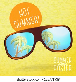 Cute summer poster - sunglasses with palms reflection in them, with speech bubble for your text. Vector.