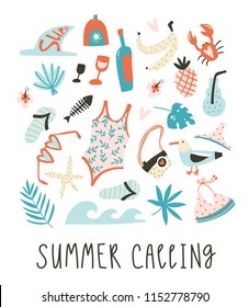 Cute summer poster with text - Summer calling. Set of summer things on the beach. Vector tropical vacation collection.