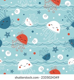 Cute summer print with baby jellyfish swimming underwater. Seamless vector pattern - funny sea animals, seashells, plants drawn in doodle style for kids clothing, wrapping paper