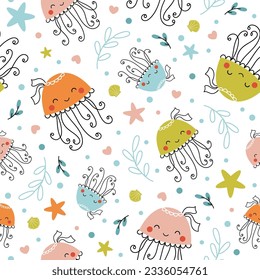 Cute summer print with baby jellyfish swimming underwater. Seamless vector pattern - funny sea animals, seashells, plants hand drawn in simple doodle style for kids clothing, wrapping paper
