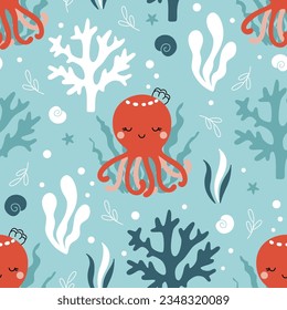 Cute summer print with baby octopus swimming underwater. Seamless vector pattern - funny sea animals, seashells, plants hand drawn in simple doodle style for kids clothing, wrapping paper