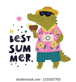 Impresión de verano. Carácter animal cocodrilo al estilo de caricatura aislado en fondo blanco. Mejor ilustración de tarjeta de verano con cocodrilo de viaje de vacaciones 