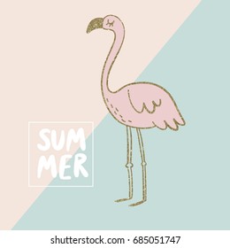 Cute summer print with flamingo. Gold texture