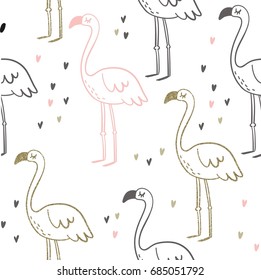 Cute summer print with flamingo. Gold texture